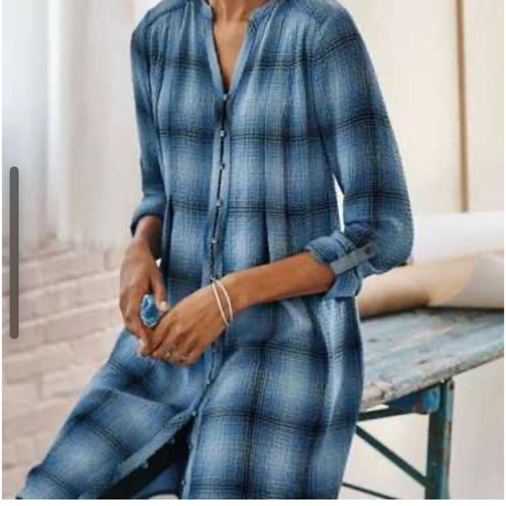 J. Jill Blue Plaid Long Line Shirt Dress Soft Gauzy Feel Sz S EUC